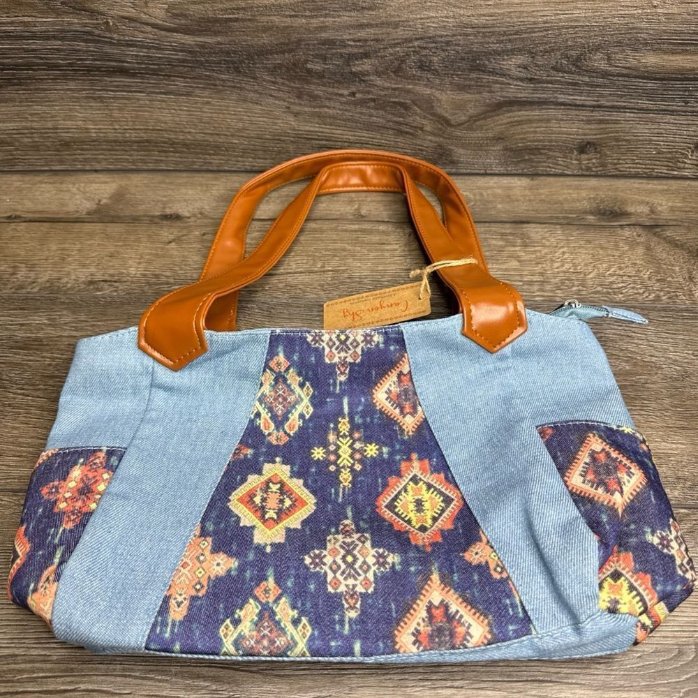 NEW W/TAG CANYON SKY DENIM TRIBAL PRINT HANDBAG - DBL HANDLE/ZIPPER CLOSURE